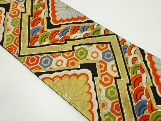 アンティーク　幾何学に菊・古典柄織り出し袋帯（材料）